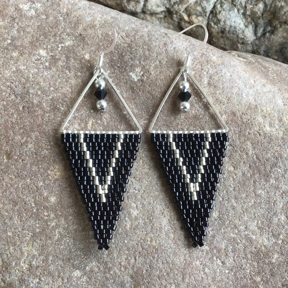 Black And Silver Triangle Beaded Earrings, New, Handmade By Me